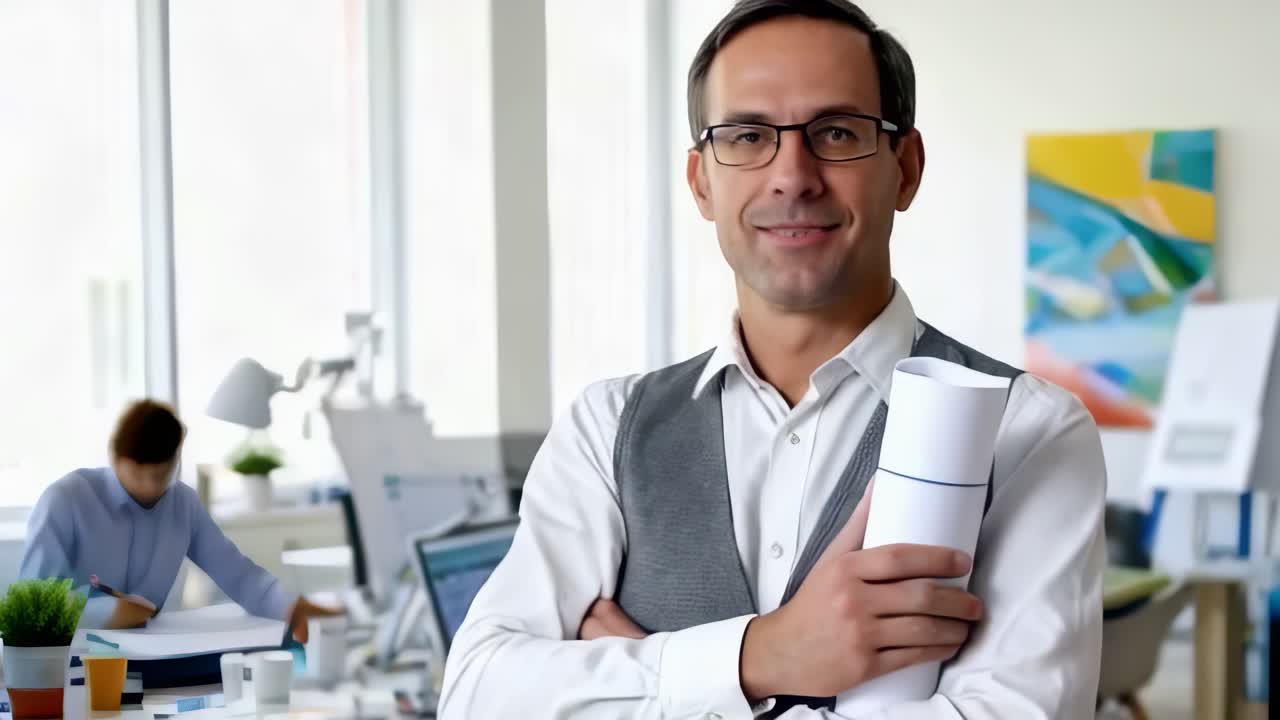A man in a gray vest and glasses is holding a stack of papers