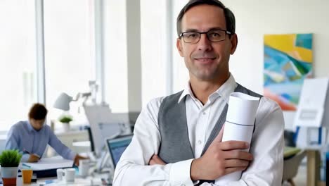 a man in a gray vest and glasses is holding a stack of papers