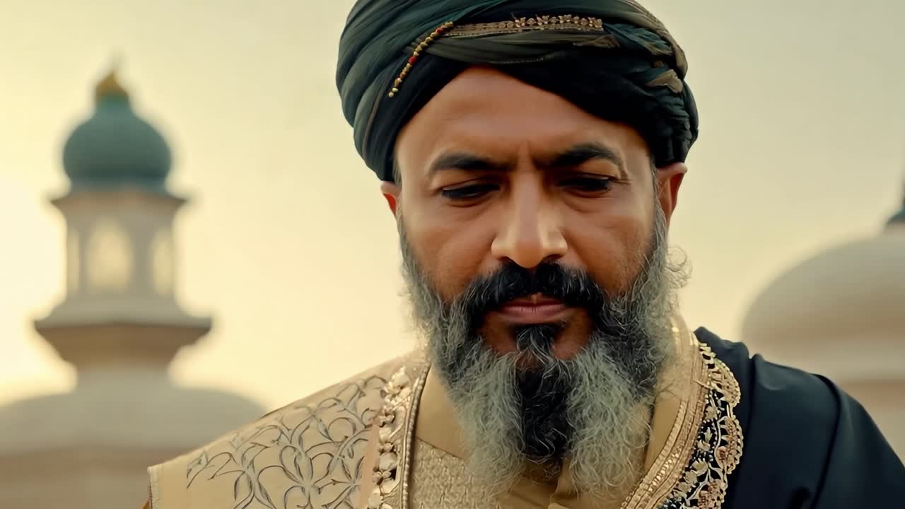 un hombre con barba y turbante, vestido con ropa tradicional india, mira seriamente a la cámara