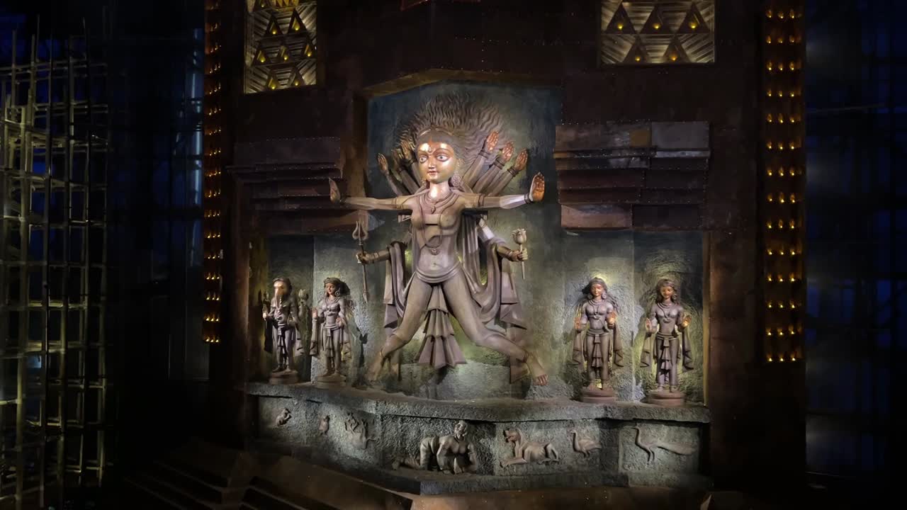 Beautiful dark theme Durga Maa idol at a pandal in Kolkata