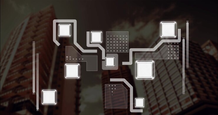 Animation of computer circuit board over cityscape