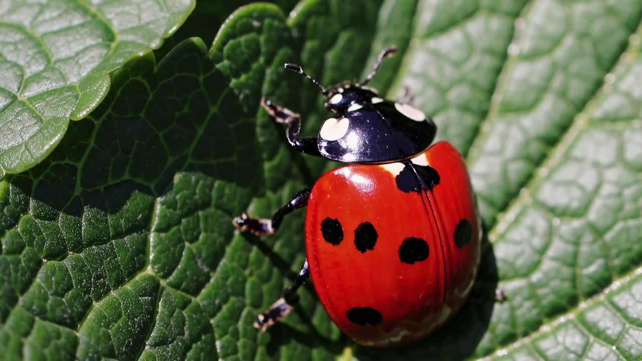 Close-up video of a ladybug on textured green leaves, captured from a side angle