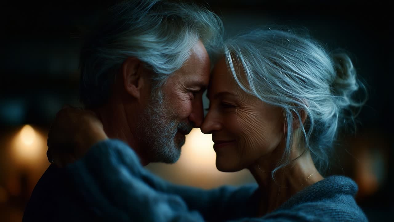 An Intimate Moment Between Two Seniors: A Heartwarming Embrace Capturing the Depth of Love and Connection in Their Golden Years, Highlighting Their Joyful Expressions and Tender Affection