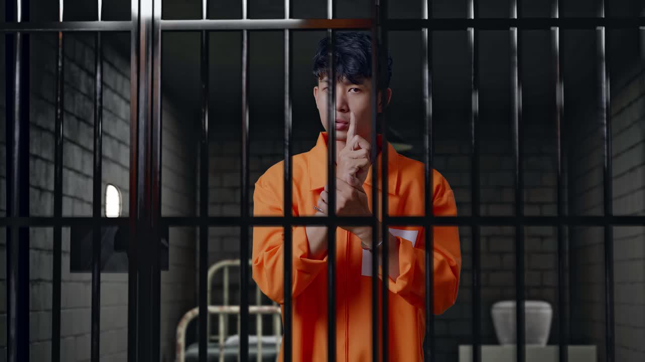 Asian Male Prisoner In Handcuffs Making Shh Gesture While Standing In Prison