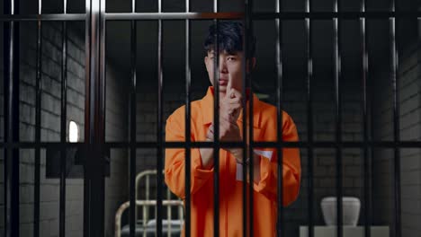 asian male prisoner in handcuffs making shh gesture while standing in prison