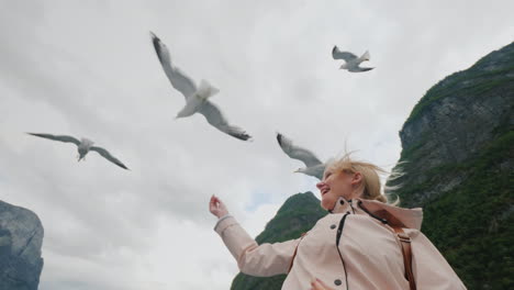 a woman is feeding a gull that flies by trust and tame the concept journey through the fjords of nor