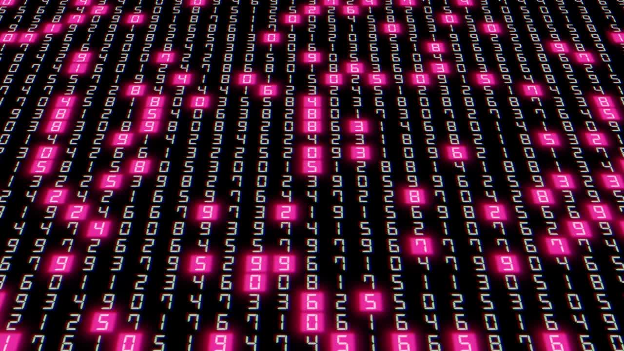 código digital de datos grandes hexadecimales con luz rosa aleatoria en un fondo negro. procesamiento de datos. tecnología futura. conexión de red. 4k