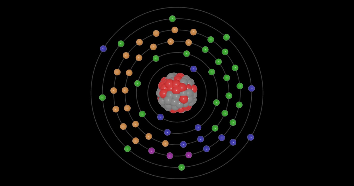 3D animation of a Praseodymium atom on a transparent background showing shells, subshells, electron orbits, and a nucleus with protons and neutrons, illustrating atomic structure and energy levels.