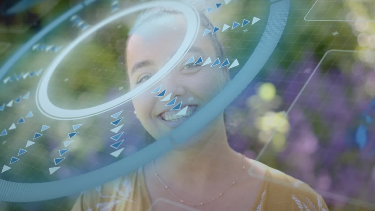 Adult woman turning, opening eyes as digital HUD sweeping across frame causing smile for tech demo