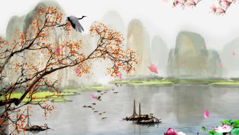 Paisaje-Misterioso-Animación-De-Arte-Digital-Oriental-Tradicional-De-China,-Pintura-Retro-China-Tinta-Montaña-Brumosa-Con-Flores,-árboles,-Pájaros,-Río-En-Fondo-De-Niebla