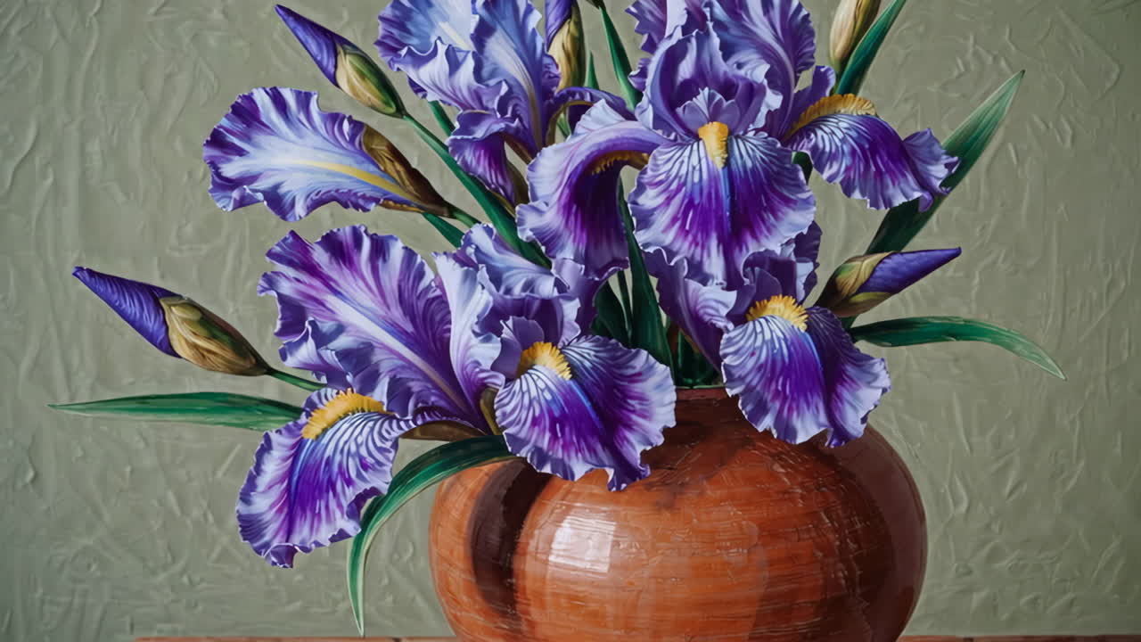 Purple and Blue Irises in a Terracotta Vase