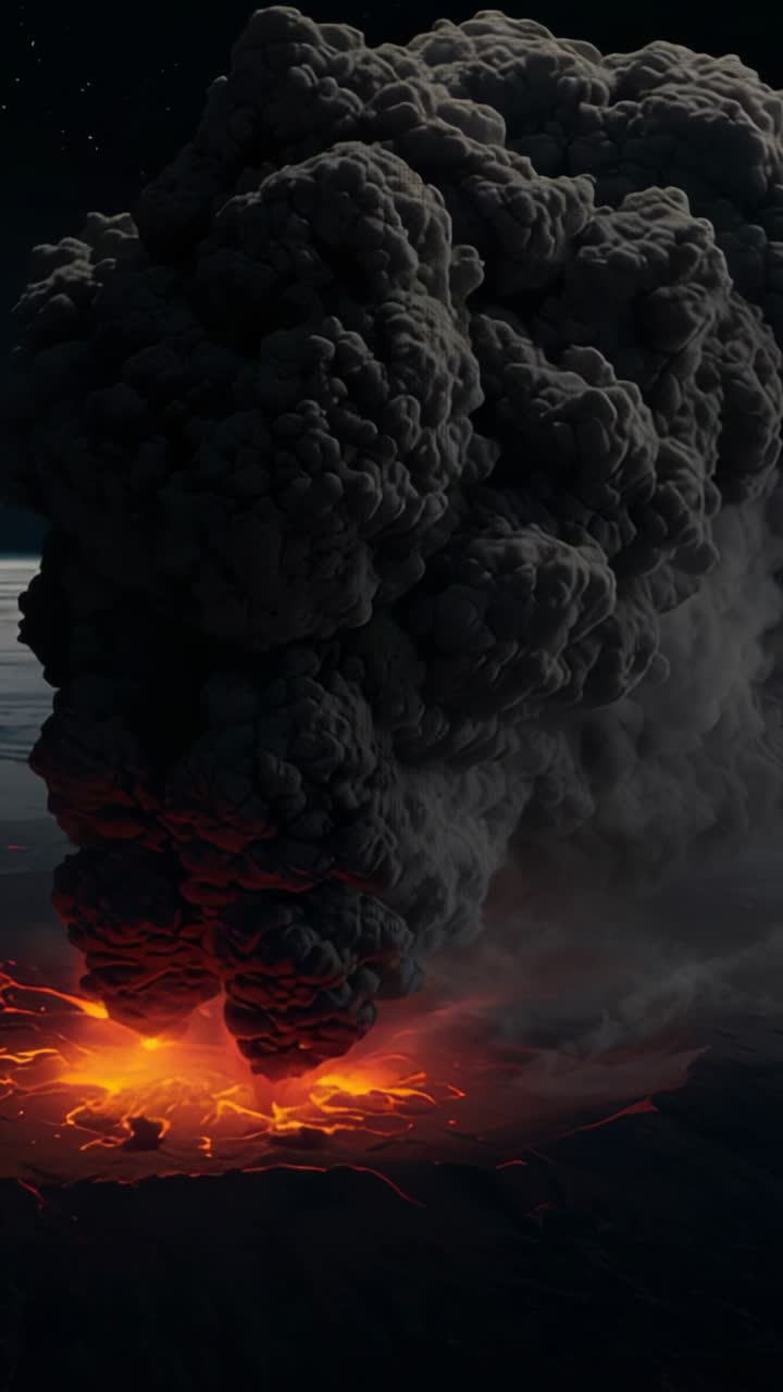 Vertical video: Releasing pressure, crater erupting under night sky with glowing lava and ash plume