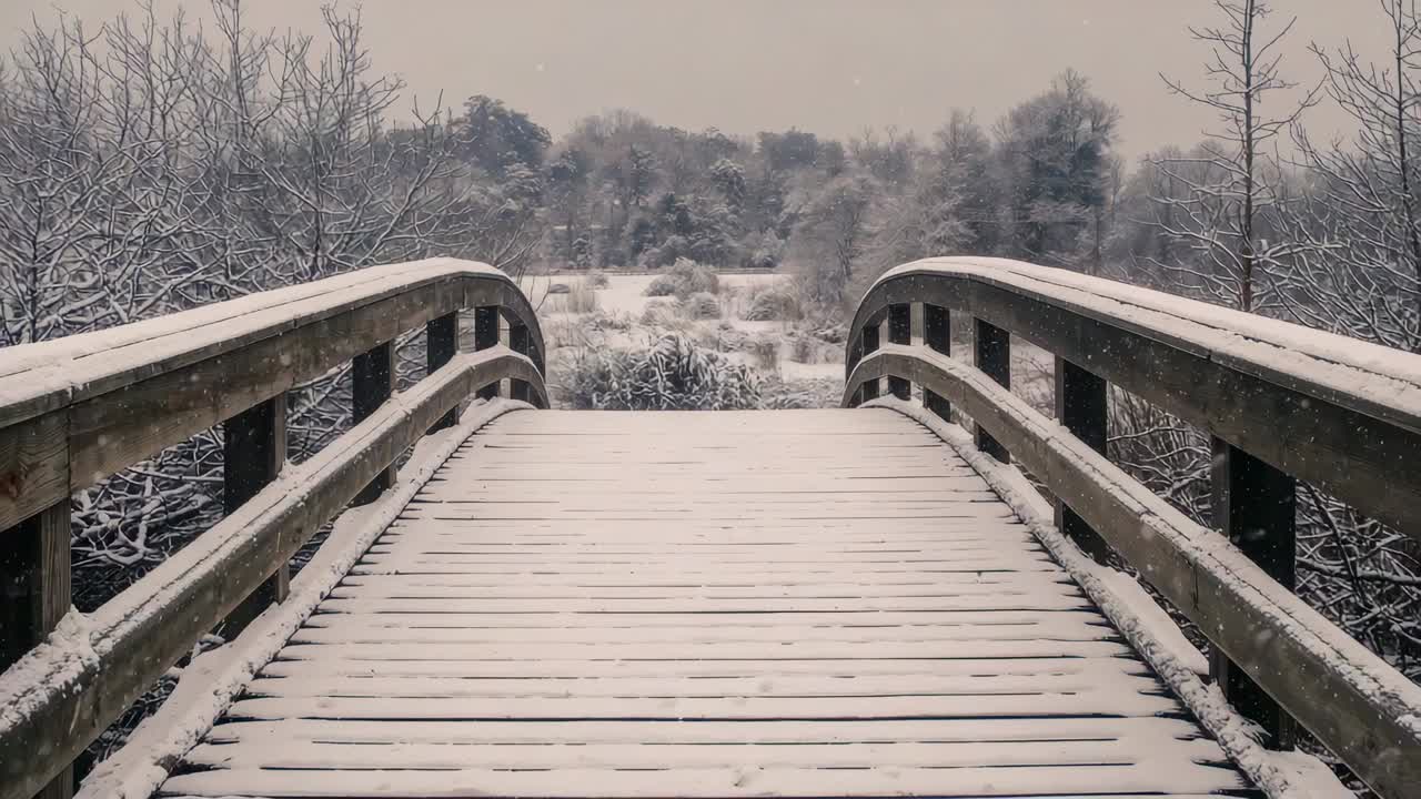 Sliding camera moving forward across wooden pedestrian bridge at park, revealing snow-covered rails