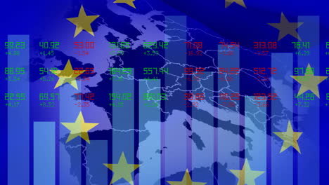 animation of data processing and statistics recording over eu stars and map of europe on blue