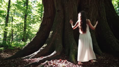 woman in a white dress by an ancient tree in a sunlit forest
