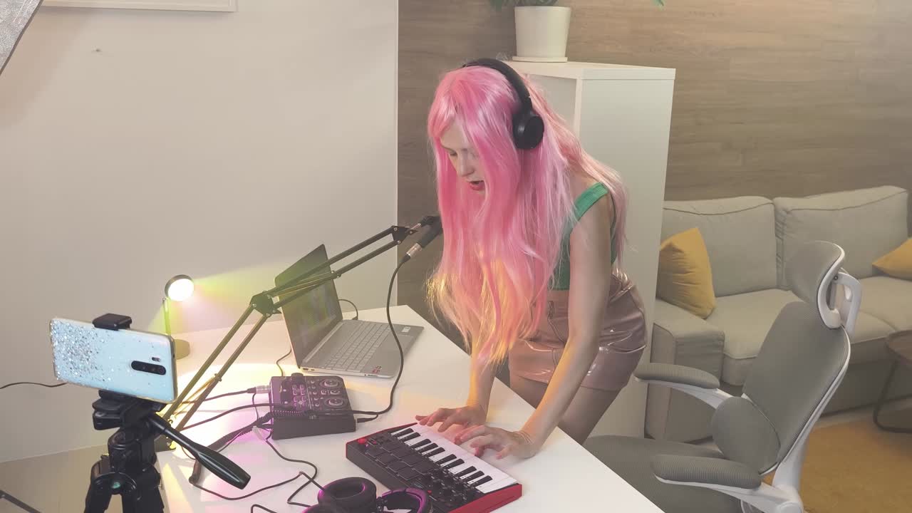 여성이 홈 스튜디오에서 음악 제작 세션을 스트리밍합니다.