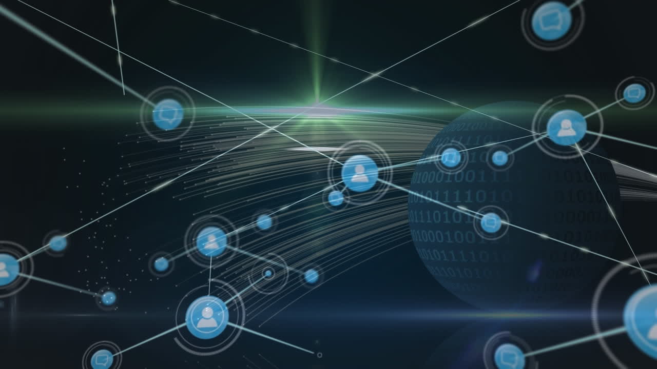 Animation of network of connections with people icons over dark background