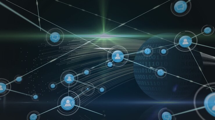 Animation of network of connections with people icons over dark background