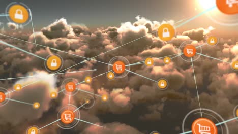 animación de la red de conexiones con iconos sobre nubes en el cielo