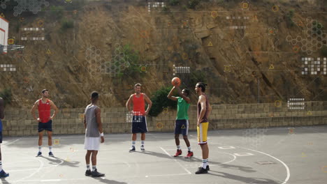 playing basketball on outdoor court, data processing animation over players