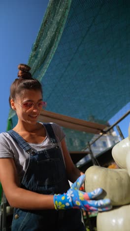 woman selling melons at a farmers market