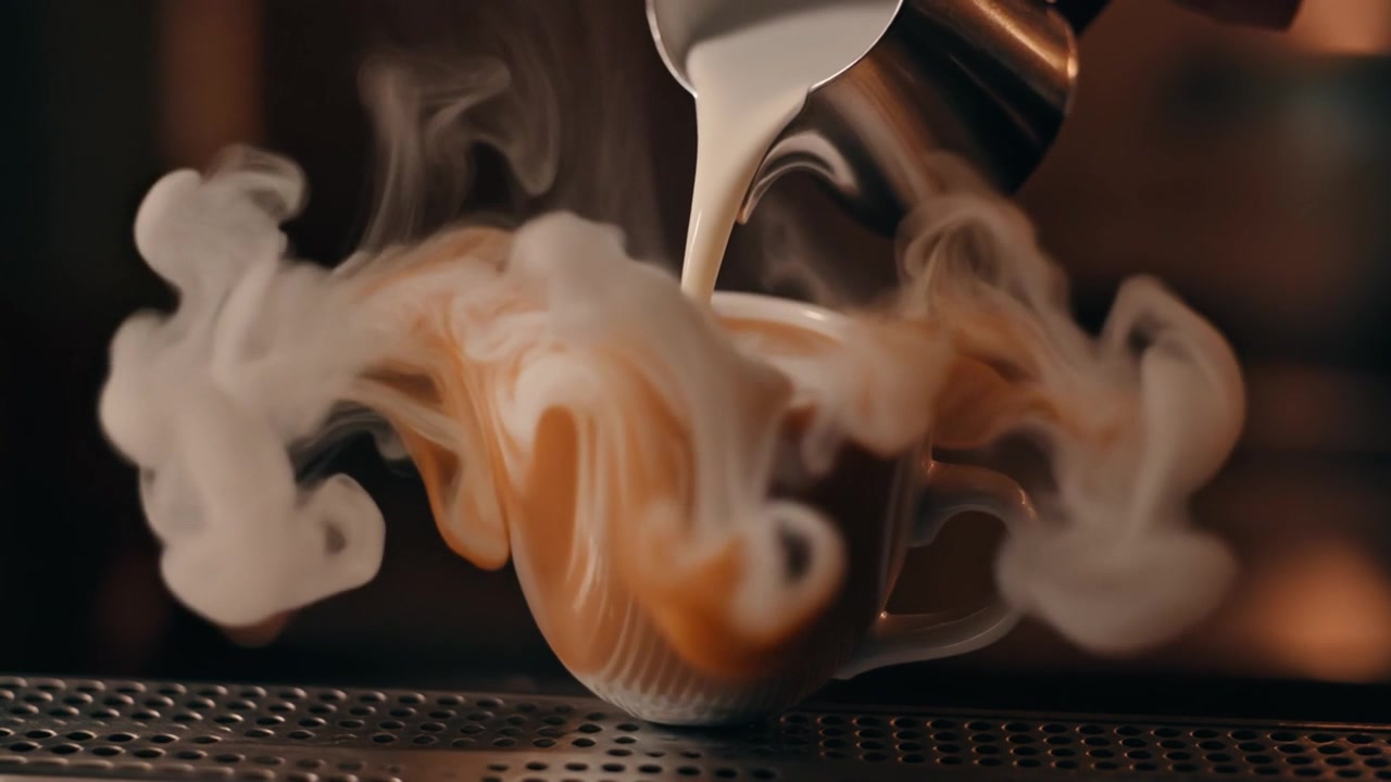 Latte versato in una tazza di caffè che crea un effetto fumo drammatico