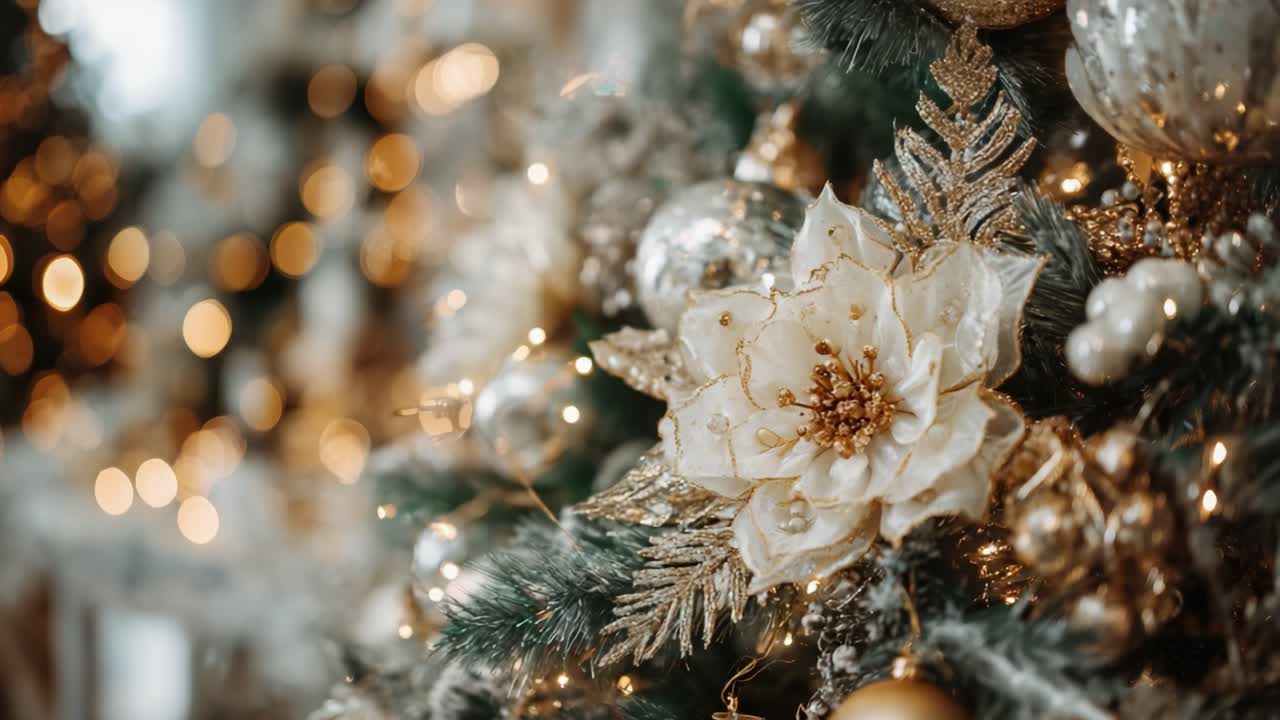 Beautifully Decorated Christmas Tree Featuring Elegant Floral Decorations and Golden Ornaments, Capturing the Warmth and Joy of the Holiday Season