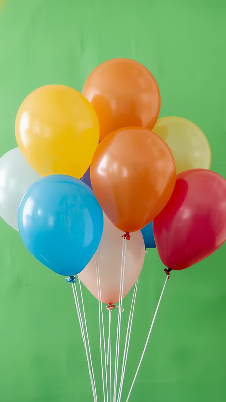Vertical video: Floating helium-filled balloons at green screen, yellow balloon drifting by breeze