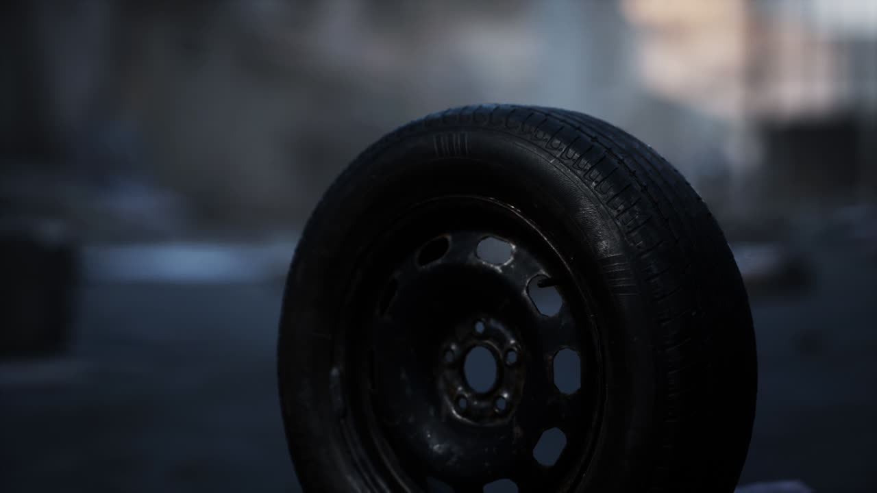 Abstract close up of a black tire on an abandoned urban street at dusk
