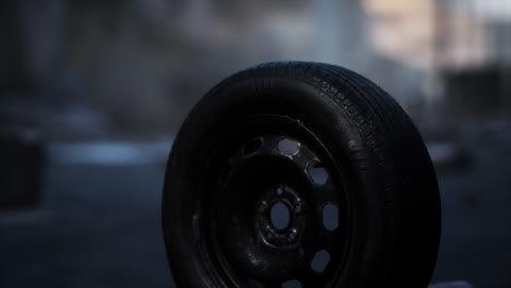 abstract close up of a black tire on an abandoned urban street at dusk