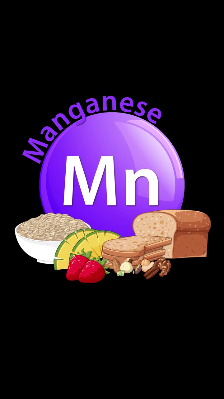 Un'icona viola dell'elemento manganese si anima, seguita da illustrazioni di cereali integrali, pane, noci e frutta, su uno sfondo nero. Transizioni fluide e semplici.