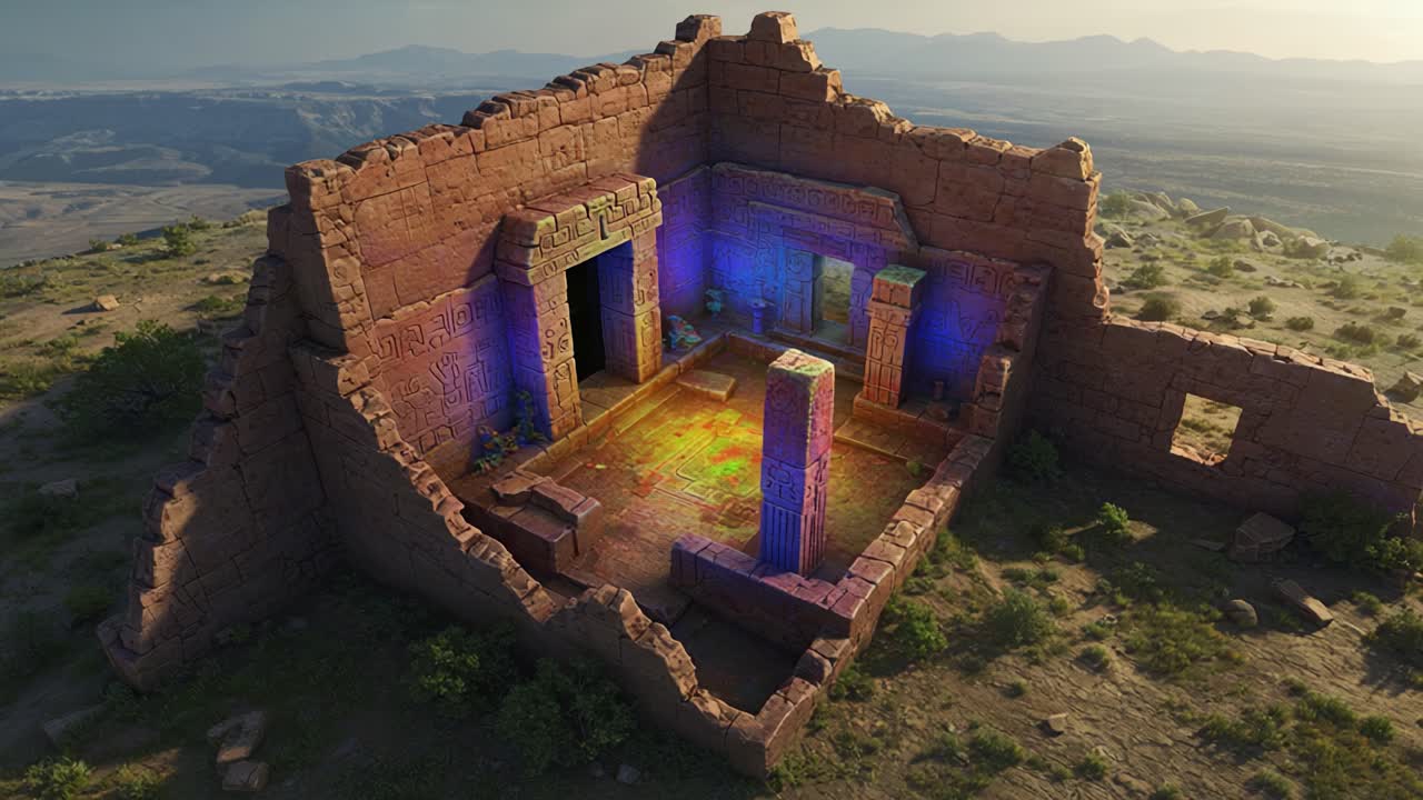 Ruinas antiguas iluminadas: Una exploración impresionante de un templo místico rodeado de naturaleza vibrante y extensos paisajes desérticos.