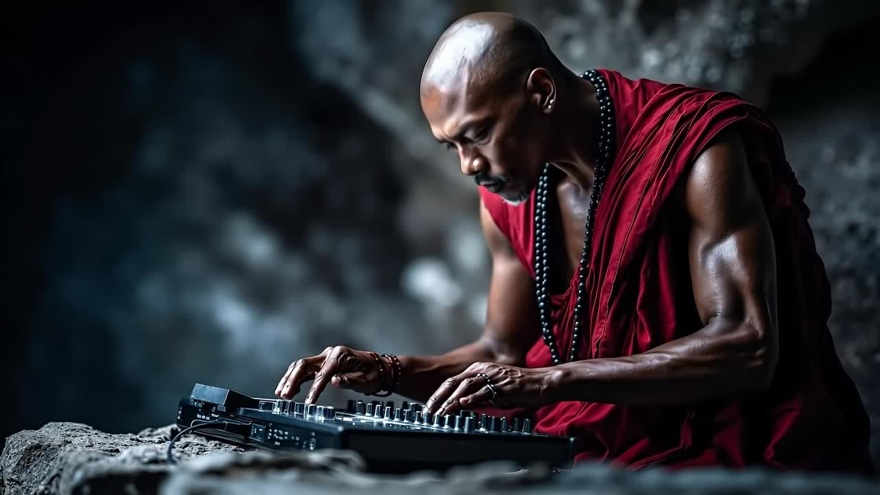 A man in a red robe playing a synthesizer
