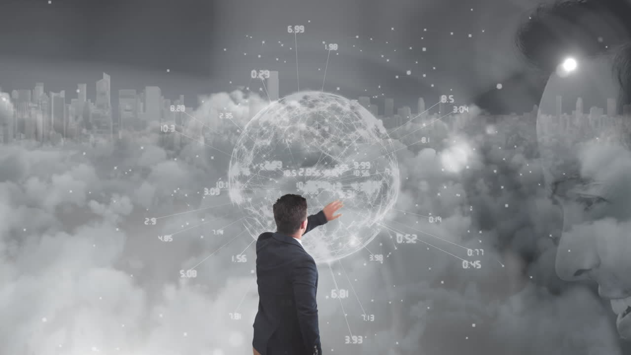 지구와 데이터 처리와 함께 인터랙티브 스크린을 만지는 사업가 여성의 애니메이션