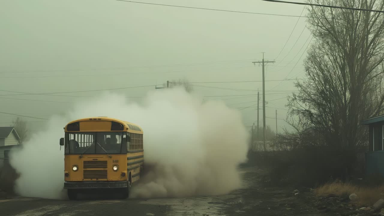 School bus driving through heavy smoke