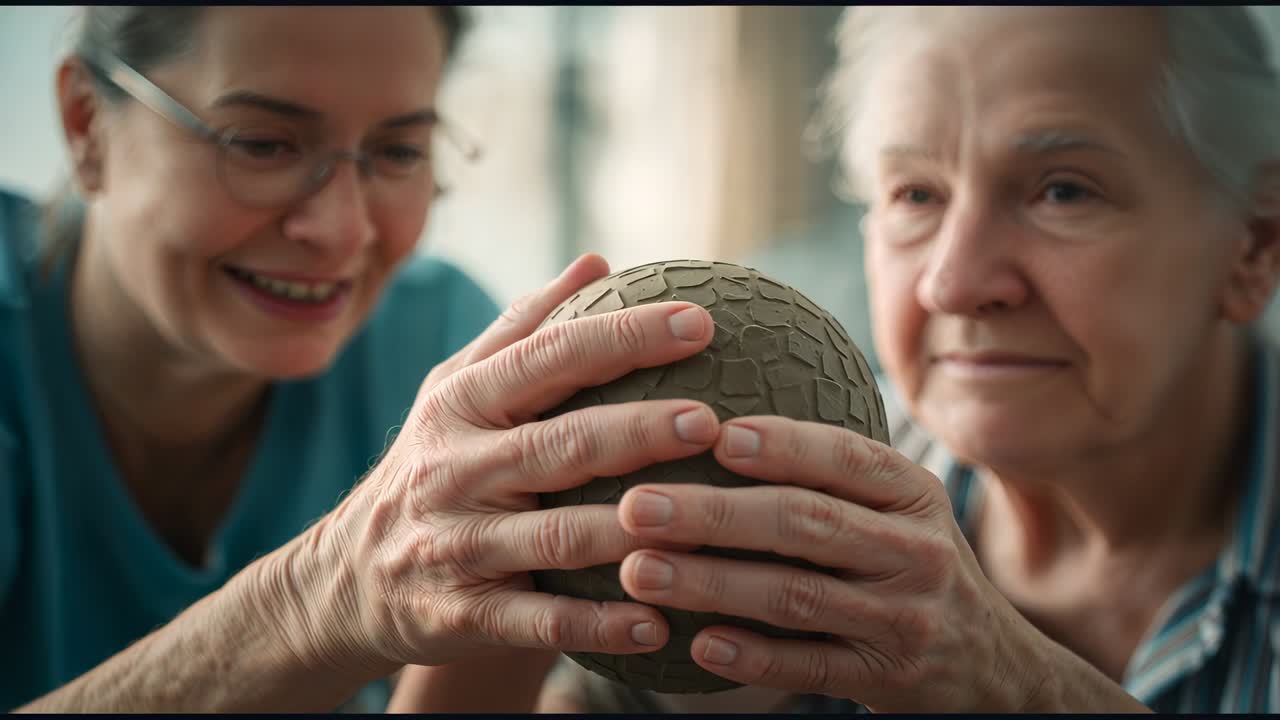 Leaning caregiver with glasses guiding senior in striped top holding textured ball at home
