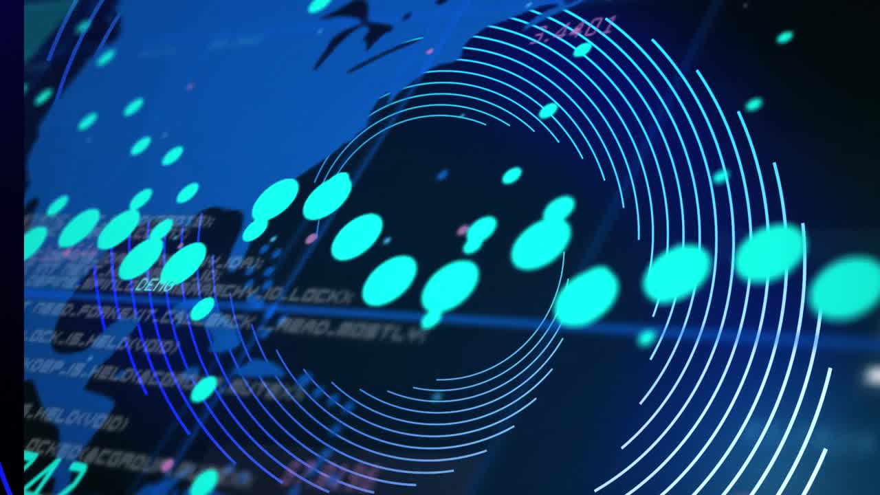 블랙 배경에 파란색 나선 위에 그래프와 세계 지도의 애니메이션