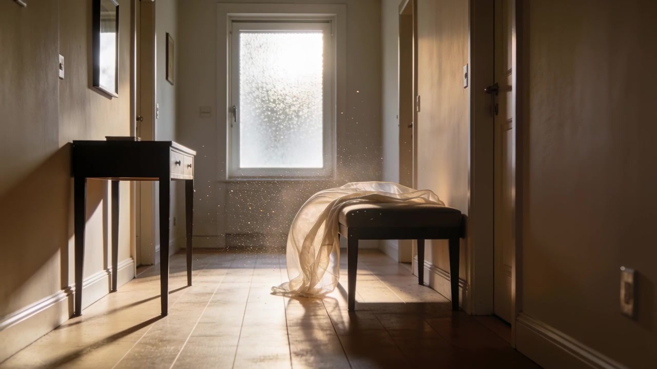 Billowing sheer cloth on padded bench shifting from window draft in narrow hallway, revealing dust