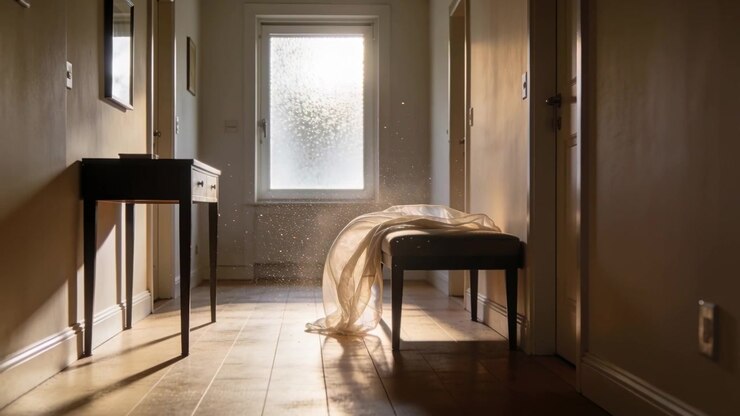 Billowing sheer cloth on padded bench shifting from window draft in narrow hallway, revealing dust