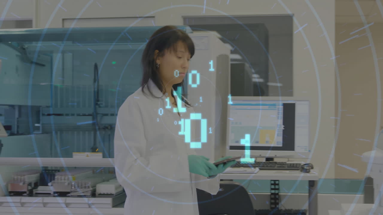 Animation of data processing over biracial female scientist working in lab