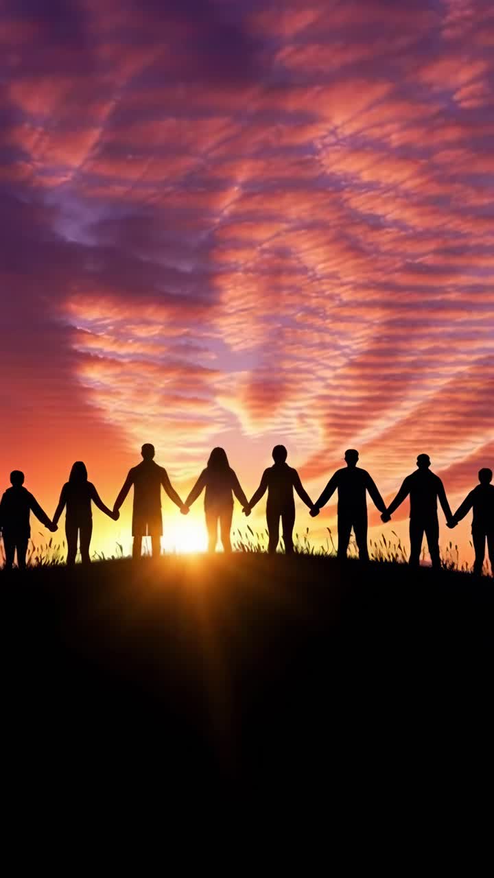 Silhuetas de um Grupo de Mãos Dadas Contra um Pôr do Sol Dramático