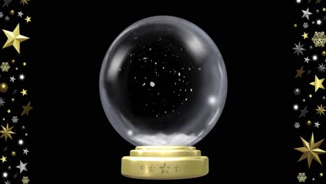 Animation-of-stars-over-snow-globe-with-snow-falling-on-black-background