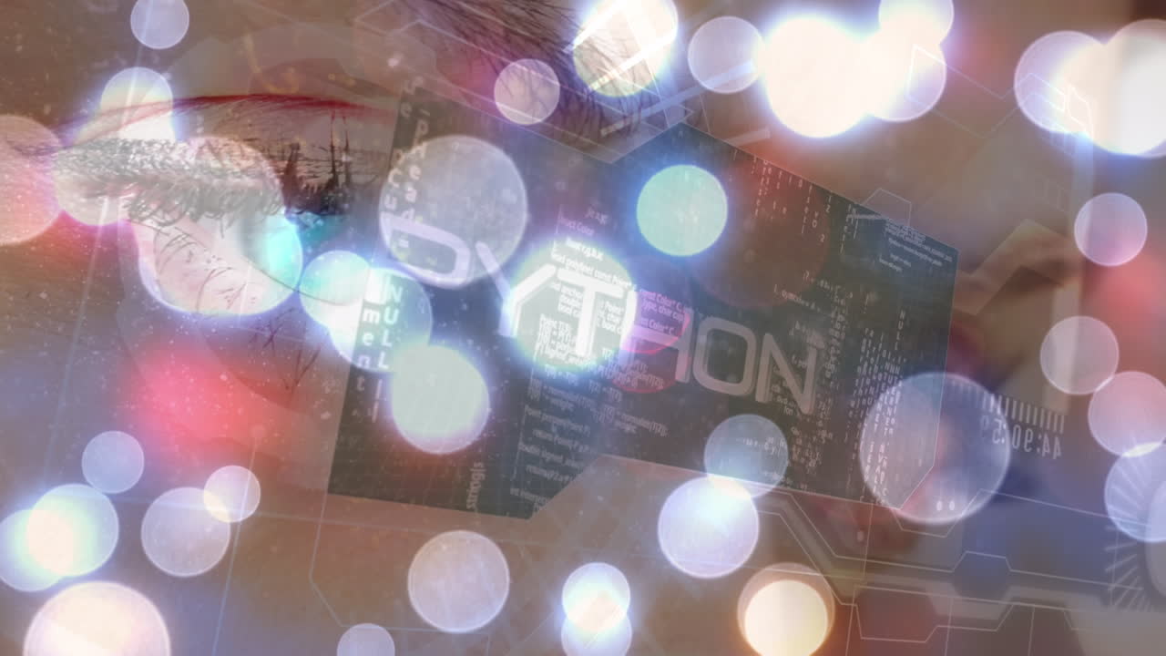 빛의 반 ⁇ 이는 반점과 데이터 처리 여성 눈의 클로즈업