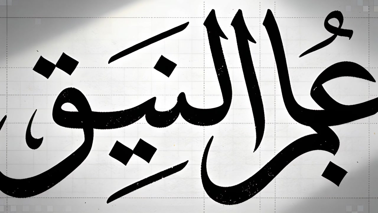 Kamera memperbesar tulisan Arab besar di kertas bergaris, menunjukkan tekstur kuas dan tanda potong.