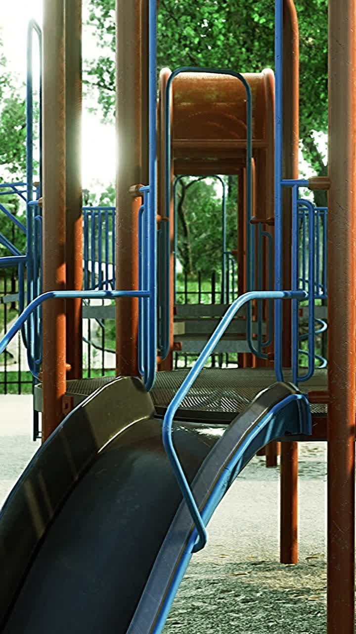 Colorful slides and climbing structures in afternoon playtime