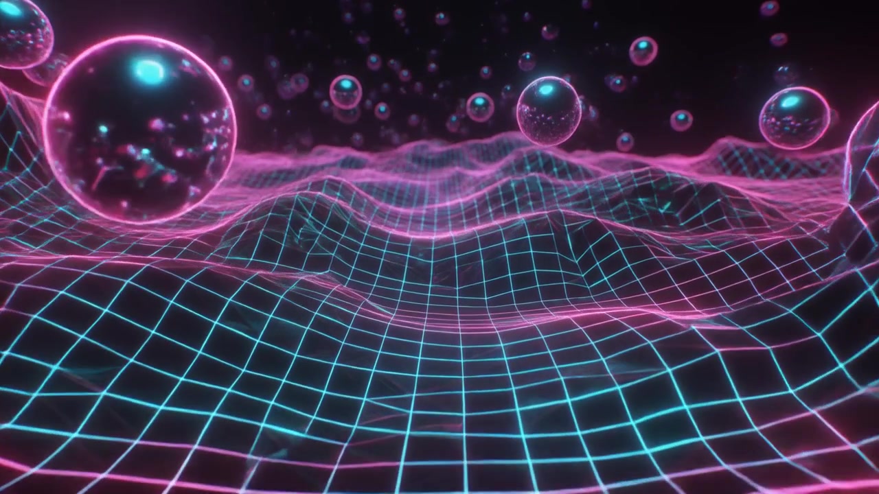 Paesaggio a griglia astratto in stile retro synthwave con sfere fluttuanti