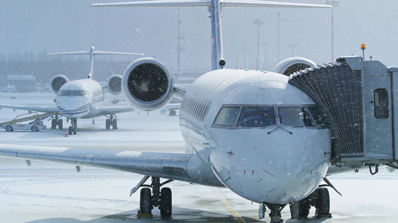 降雪が始まり、手前のゲートに駐機中のリージョナルジェット機にうっすらと雪が積もり、搭乗橋が接続されており、さらに別のジェット機が見える。