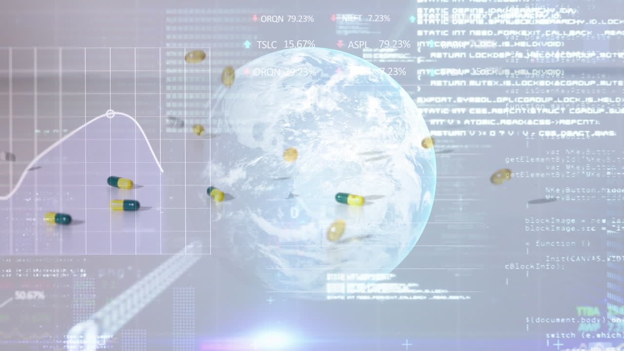 회전하는 지구와 떨어지는 알약에 대한 데이터 처리 및 다이어그램의 애니메이션