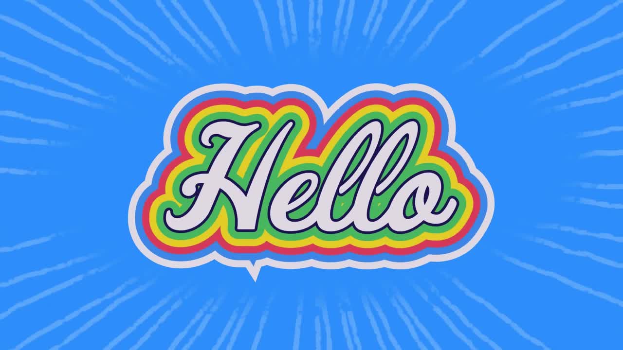 Animation of hello text in colourful letters on blue background