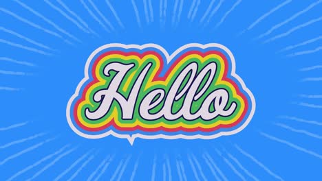 animation of hello text in colourful letters on blue background